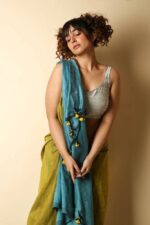 Olive Green Cotton Saree With Fountain Blue Pallu