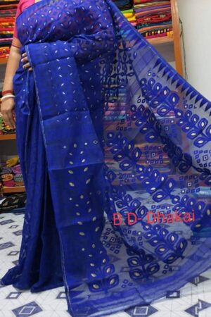 Women's Cotton Minakari Blue Dhakai Jamdani Saree