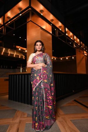 Grey Handwoven Dhakai Jamdani Saree