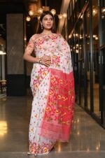 White and Red Handwoven Dhakai Jamdani Saree