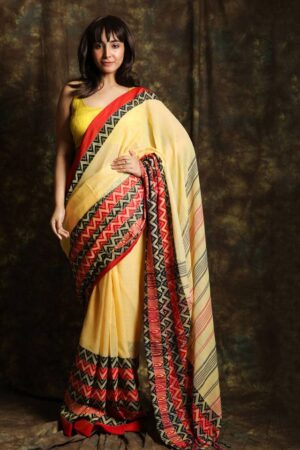 Traditional Yeallow Color Cotton Sarees With Blouse Piece
