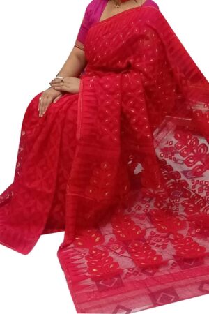 Women's Cotton Minakari Red Dhakai Jamdani Saree