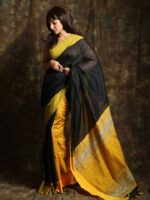 Traditional Yellow & Black Kusumdola Sarees With Blouse Piece