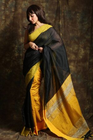 Traditional Yellow & Black Kusumdola Sarees With Blouse Piece