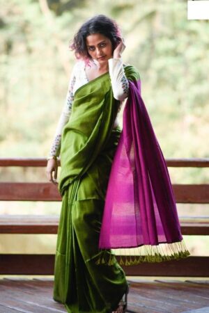 Sutisaree Green and Pink Stylish Cotton Silk Saree With Blouse Piece