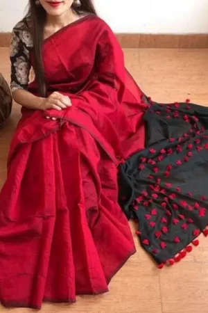 Red Black Cotton Saree