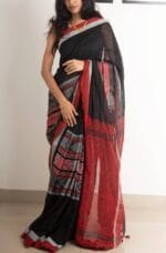 Red & Black Handloom Cotton Sarees With Fish Motif Work & Unstitched Blouse Piece