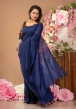 Women's Pure Cotton Silk Blue Handloom Saree With Unstitched Blouse Piece