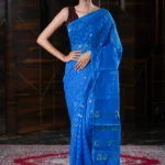 Traditional Blue Colour Cotton Silk Soft Jamdani Saree Without Blouse Piece