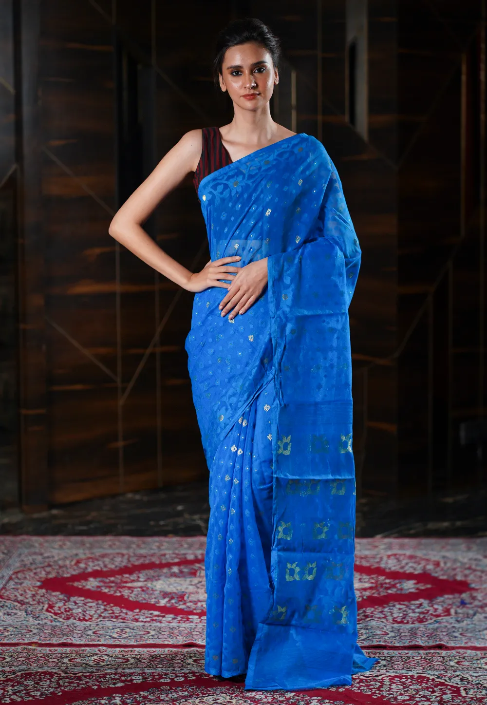 blue jamdani saree with self and gold floral woven motifs 5f463e77c8384 1598439031