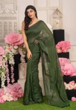 Misha Boutique Bollywood Style Deep Green Handloom Cotton Saree With Blouse Piece