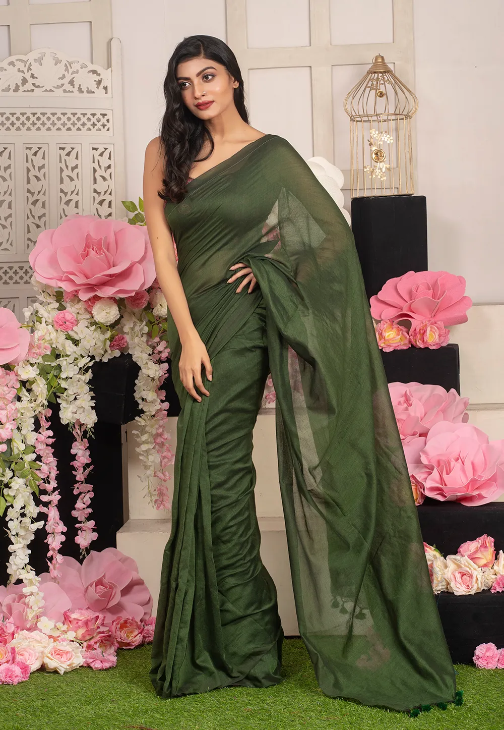 bottle green blended cotton saree and pallu 6019213f6da21 1612259647