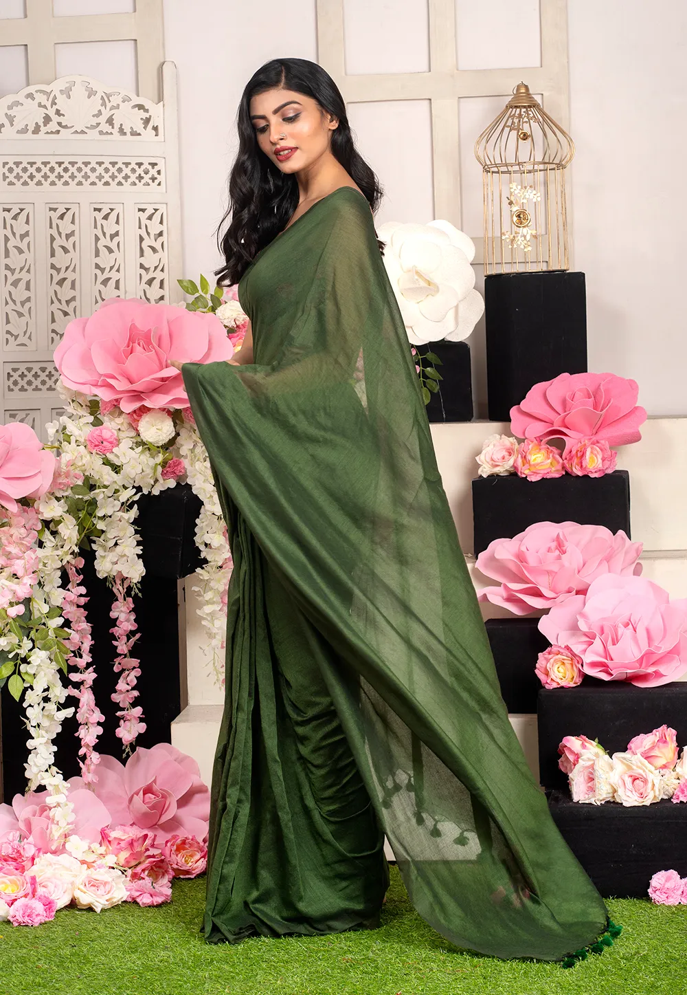 bottle green blended cotton saree and pallu 6019213fb9d9e 1612259647