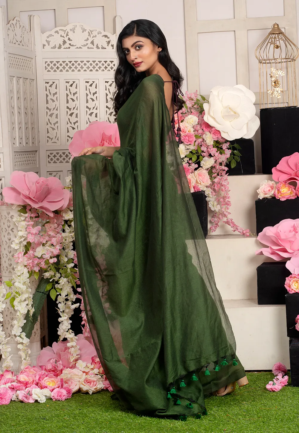 bottle green blended cotton saree and pallu 6019214010d95 1612259648