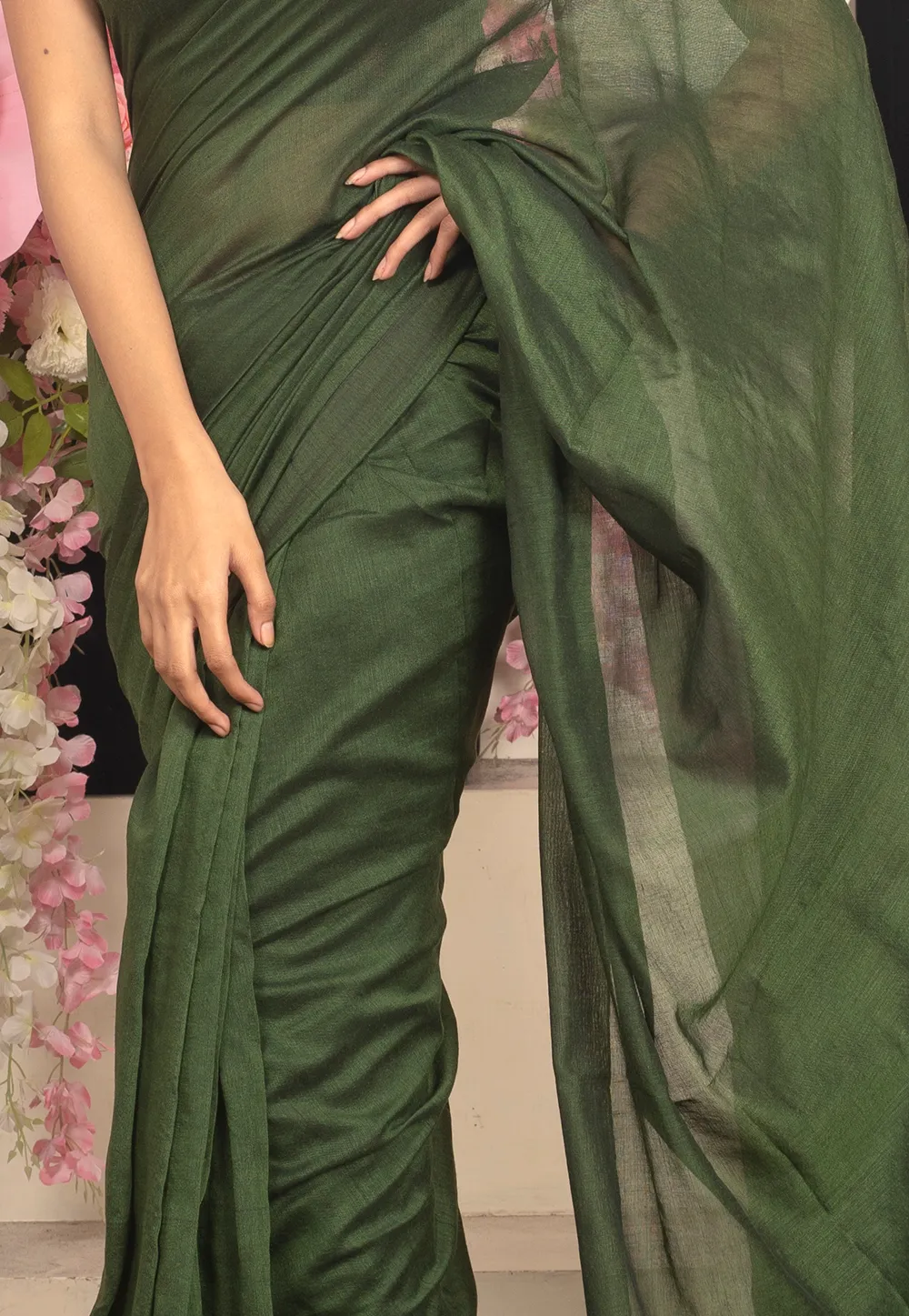 bottle green blended cotton saree and pallu 60192140afa12 1612259648