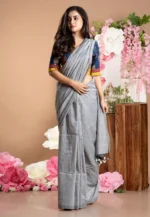 Misha Boutique Bollywood Style Silver Colour Handloom Cotton Silk Saree With Running Blouse Piece