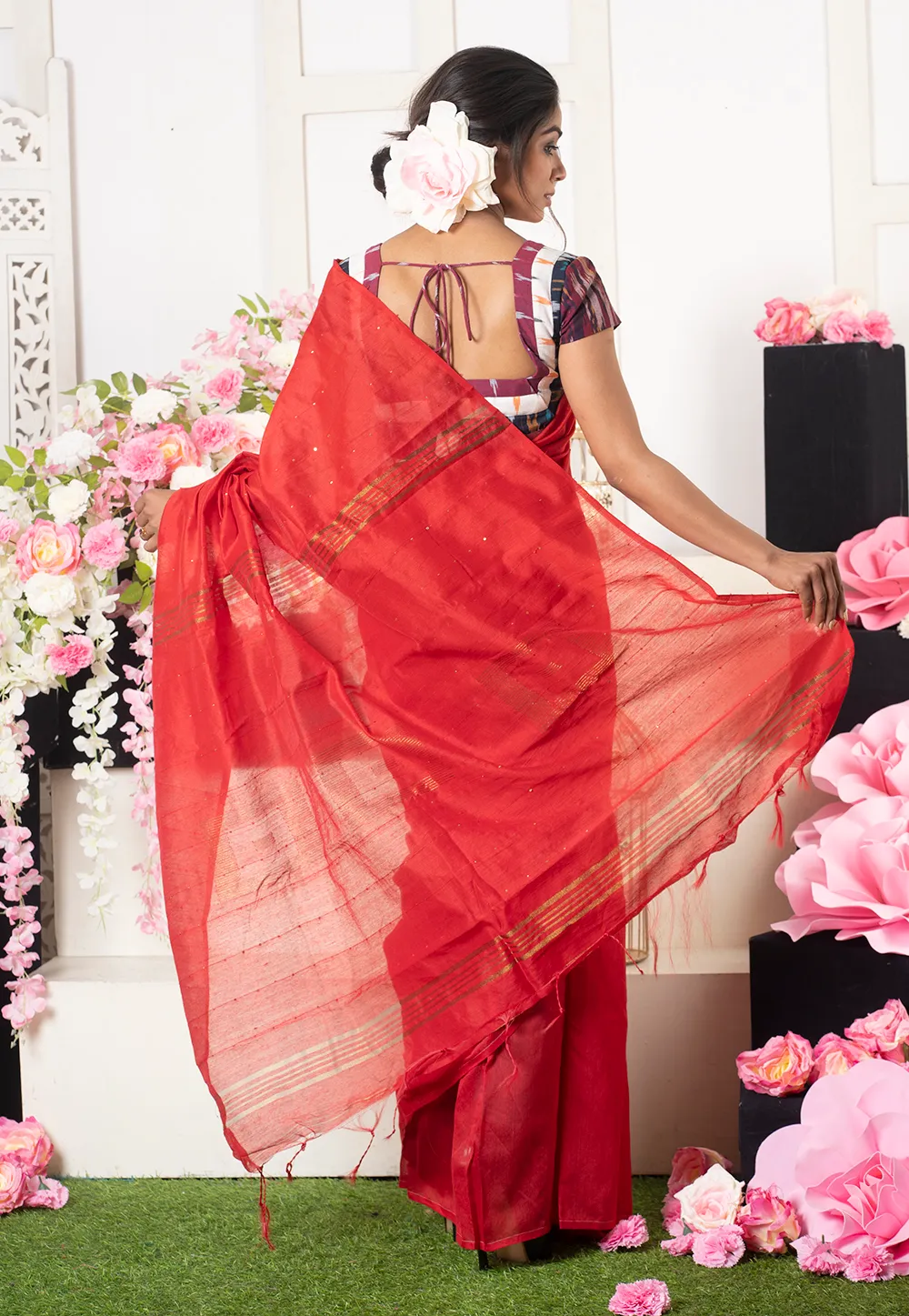 red blended cotton saree with sequin work 6024f2c0cb713 1613034176