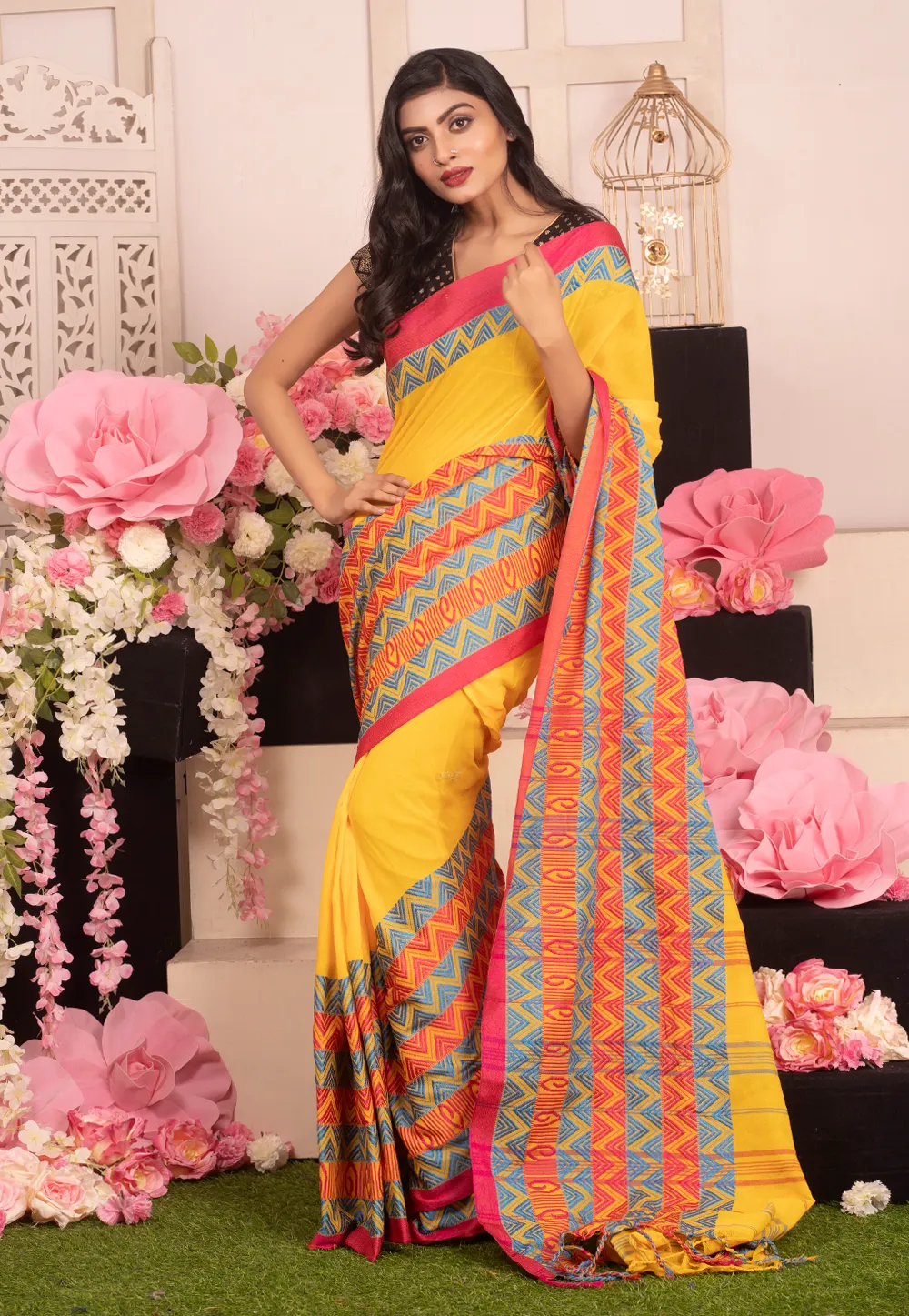 yellow handloom cotton saree with woven multicolor border 601a72c2b49e2 1612346050