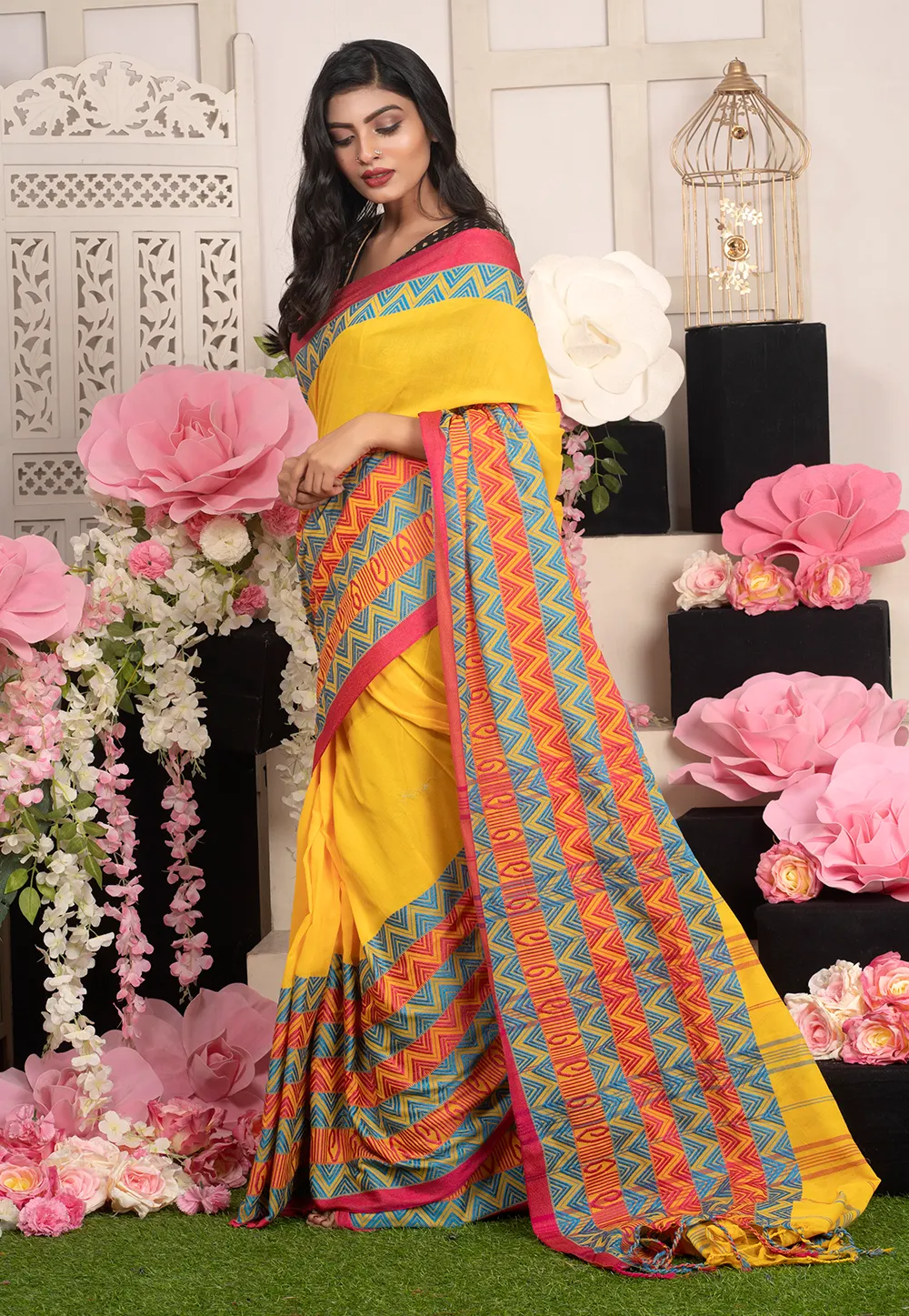 yellow handloom cotton saree with woven multicolor border 601a72c353932 1612346051