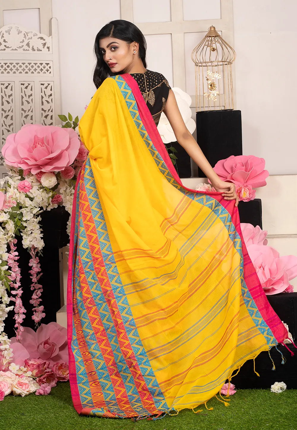 yellow handloom cotton saree with woven multicolor border 601a72c3ab250 1612346051