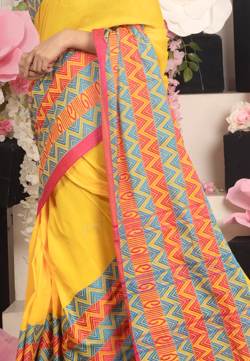yellow handloom cotton saree with woven multicolor border 601a72c46a500 1612346052