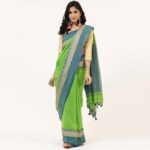 Premium Quality Green Colour Handloom Cotton Sarees With Temple Border & Unstitched Blouse Piece