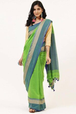 Premium Quality Green Colour Handloom Cotton Sarees With Temple Border & Unstitched Blouse Piece