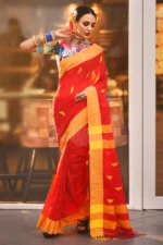 Misha Boutique Traditional Unique Colour Combination Handloom Cotton Saree With Hand Woven & Red Unstitched Blouse Piece
