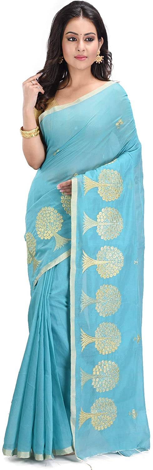 Buy Blue Colour Handloom Cotton Silk Saree With All Over Embroidery ...