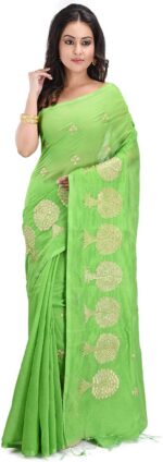 Green Colour Handloom Cotton Silk Saree With All Over Embroidery Work & Blouse Piece