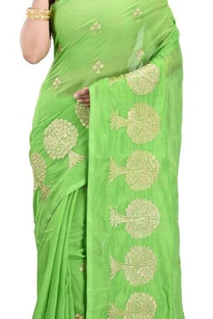Green Colour Handloom Cotton Silk Saree With All Over Embroidery Work & Blouse Piece