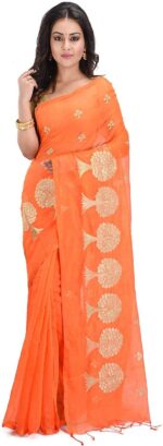 Orange Colour Handloom Cotton Silk Saree With All Over Embroidery Work & Blouse Piece