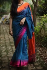 Premium Quality Blue Color Handloom Cotton Sarees With Temple Border & Unstitched Blouse Piece