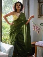 Misha Boutique Bollywood Green Colour Handloom Cotton Saree With Sequence Work and Blouse Piece