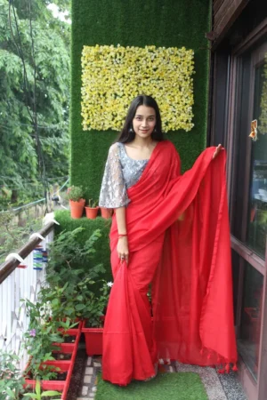 Premium Quality Red Colour Handloom Pure Cotton Sarees With Unstitched Blouse Piece