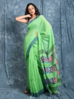 Premium Quality Green Colour Handloom Pure Cotton Sarees With Katki Work & Unstitched Blouse Piece