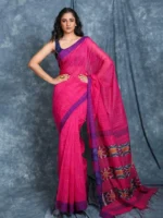 Premium Quality Pink Colour Handloom Pure Cotton Sarees With Katki Work & Unstitched Blouse Piece