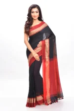 Premium Quality Black & Red Colour Handloom Cotton Sarees With Temple Border & Unstitched Blouse Piece