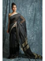 Premium Quality Black Colour Handloom Cotton Sarees With All Over Work & Unstitched Blouse Piece