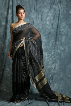 Premium Quality Black Colour Handloom Cotton Sarees With All Over Work & Unstitched Blouse Piece