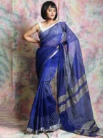 Premium Quality Blue Colour Handloom Cotton Sarees With All Over Work & Unstitched Blouse Piece