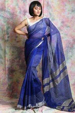 Premium Quality Blue Colour Handloom Cotton Sarees With All Over Work & Unstitched Blouse Piece