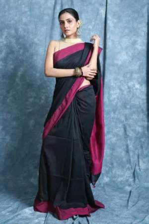 Premium Black Colour Handloom Pure Cotton Sarees With Pink Contrast Border & Unstitched Blouse Piece
