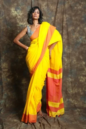 Premium Quality Yellow Colour Handloom Pure Cotton Sarees With Contrast Border & Unstitched Blouse Piece