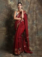 Misha Boutique Maroon Linen Saree With Designer Work and Unstitched Blouse Piece