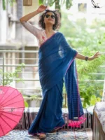 Primium Quality Blue Colour Handloom Check Cotton Saree With Blouse Piece