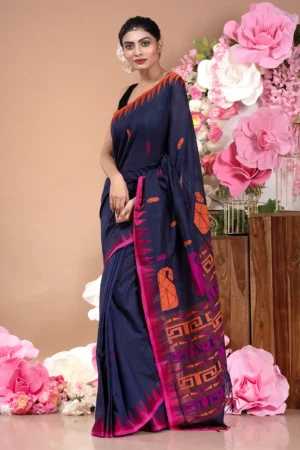 Premium Quality Blue & Pink Colour Handloom Pure Cotton Sarees With All Over Hand Waving & Unstitched Blouse Piece