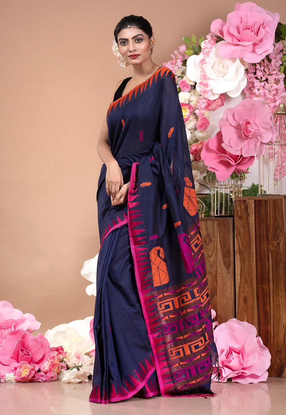midnight blue handloom cotton saree with multi color motifs and pallu 602107c25a4cf 1612777410