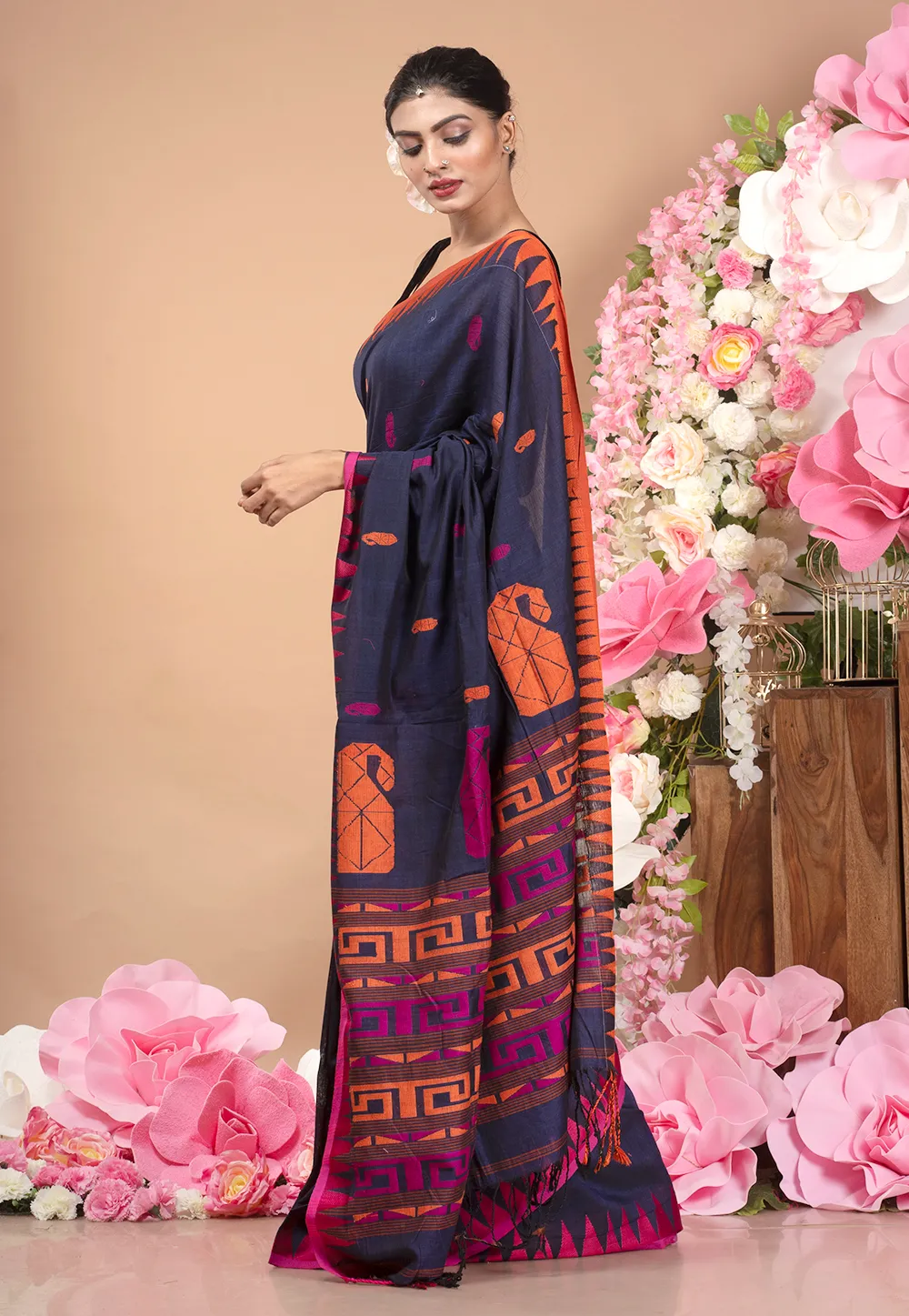 midnight blue handloom cotton saree with multi color motifs and pallu 602107c2bc182 1612777410