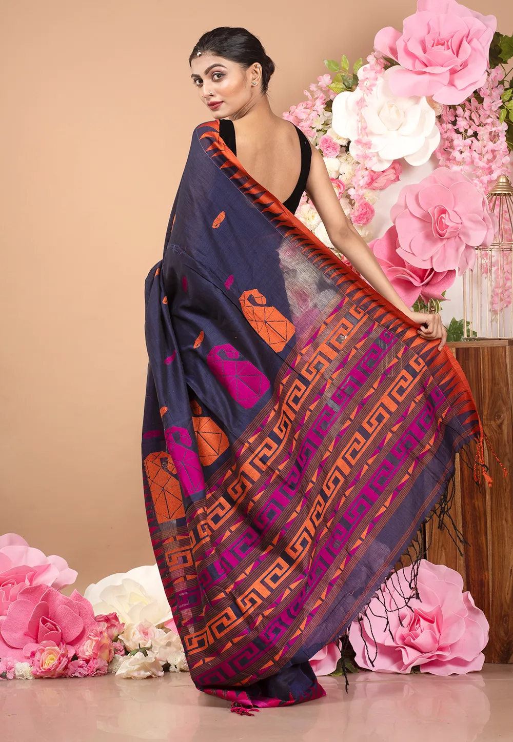 midnight blue handloom cotton saree with multi color motifs and pallu 602107c315de2 1612777411